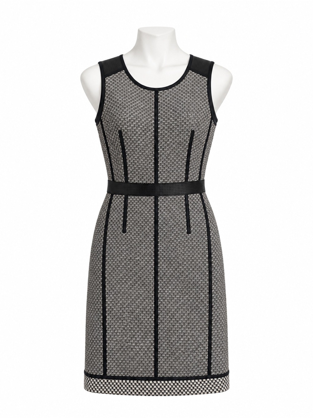 Size 2 Club Monaco Women’s Navy Ivory Tweed Sheath Dress Silk & Suede Trim